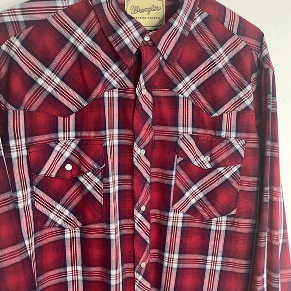 Men’s Wrangler red and white plaid pearl snap long sleeve shirt with pockets XL - Picture 2 of 10